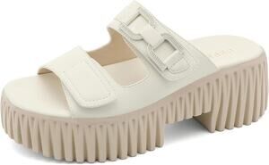 UBFEN Womens Platform Wedge Sandals White Size 7 Double Strap Buckle New